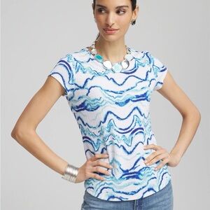 Chico's Blue and White Wave Pattern Short Sleeve Top